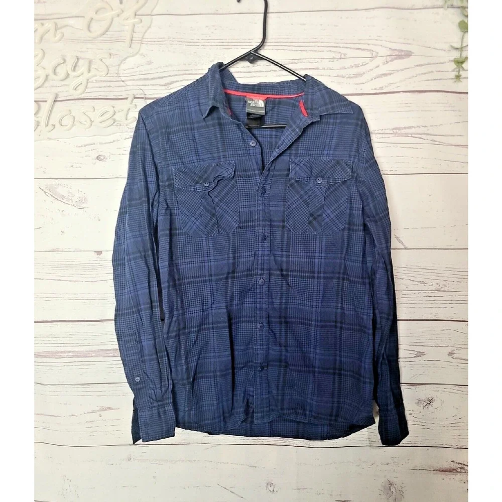 The North Face Navy Blue Plaid‎ Long Sleeve Button Down Shirt Men's Size Small